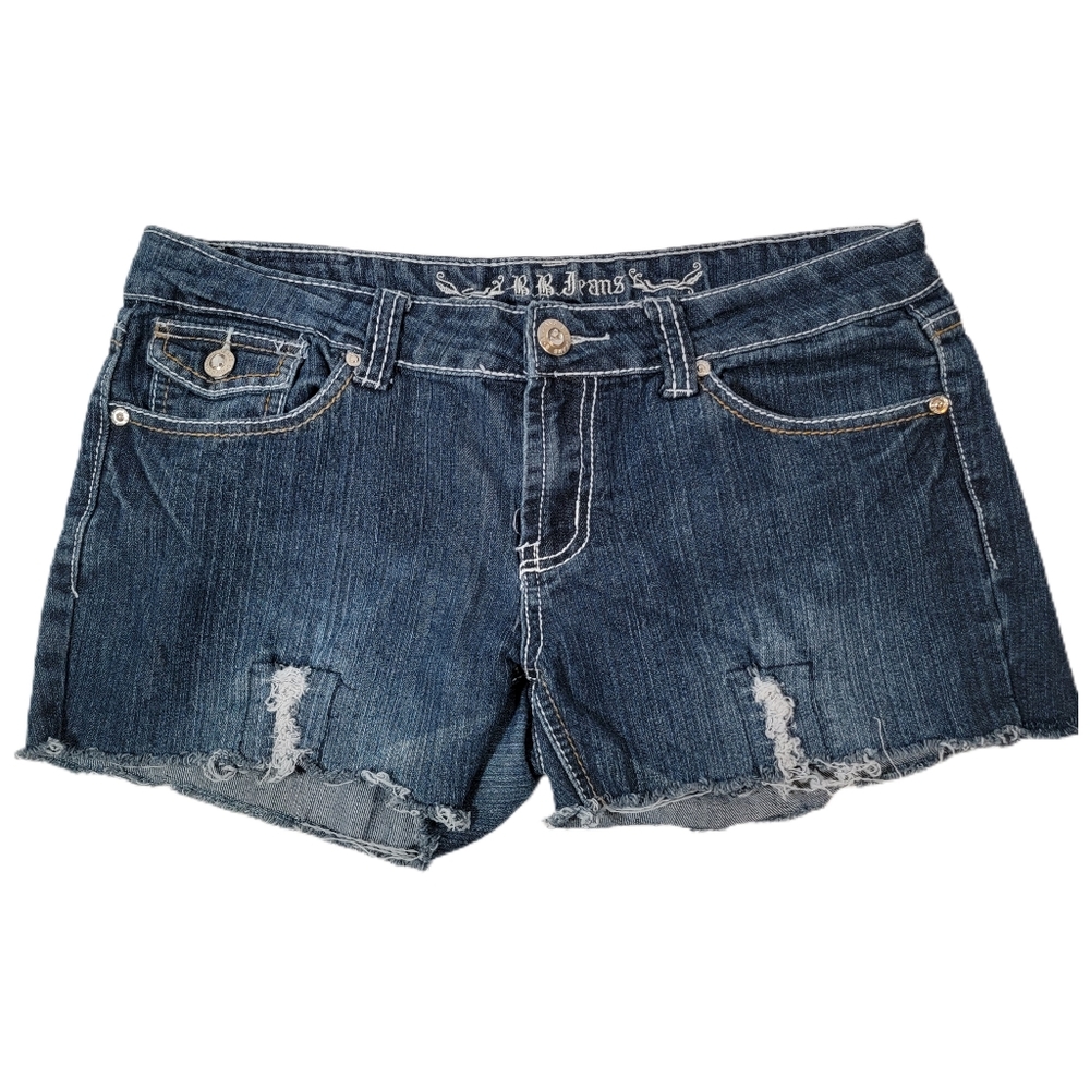 BB JEANS Denim Shorts Size 11 Dark Washed Distressed Bling Pockets - Picture 1 of 5